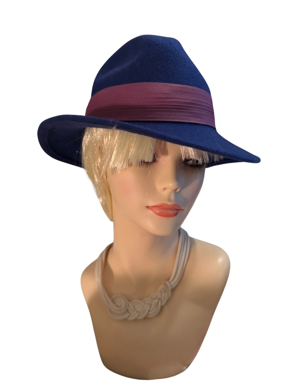 Lancaster Navy Blue Wool Fedora Hat with Burgundy Band Deadstock